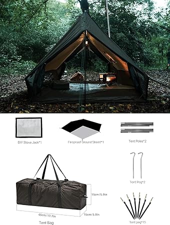 Hot Tent with Stove Jack – 4 Season Waterproof & Windproof Shelter for 1–4 People, Lightweight for Camping, Hiking, Hunting & Fishing