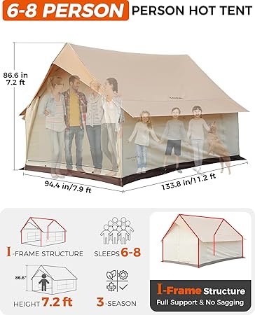 KingCamp Camping Tent 6-8 Person, Weatherproof Hot Tent Large Family Cabin Tents with Stove Jack, Waterproof & Windproof for Family Camping & Outdoor Parties