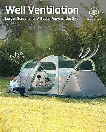 8 Person Larger Extended Dome Camping Tent with 3 Rooms, Waterproof Semi-Freestanding Family Outdoor Tent with Spacious Interior and Mesh Windows