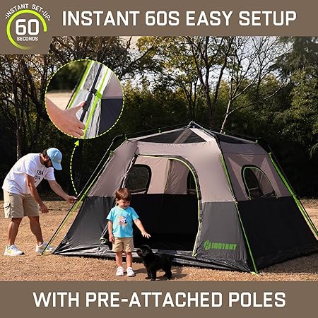4/6/8 Person Instant Tent, Waterproof Pop Up Tents for Camping with Rainfly, 60 Seconds Easy Setup, Automatic Cabin Tent for Family Camping with Expandable Carry Bag & Upgraded Ventilation